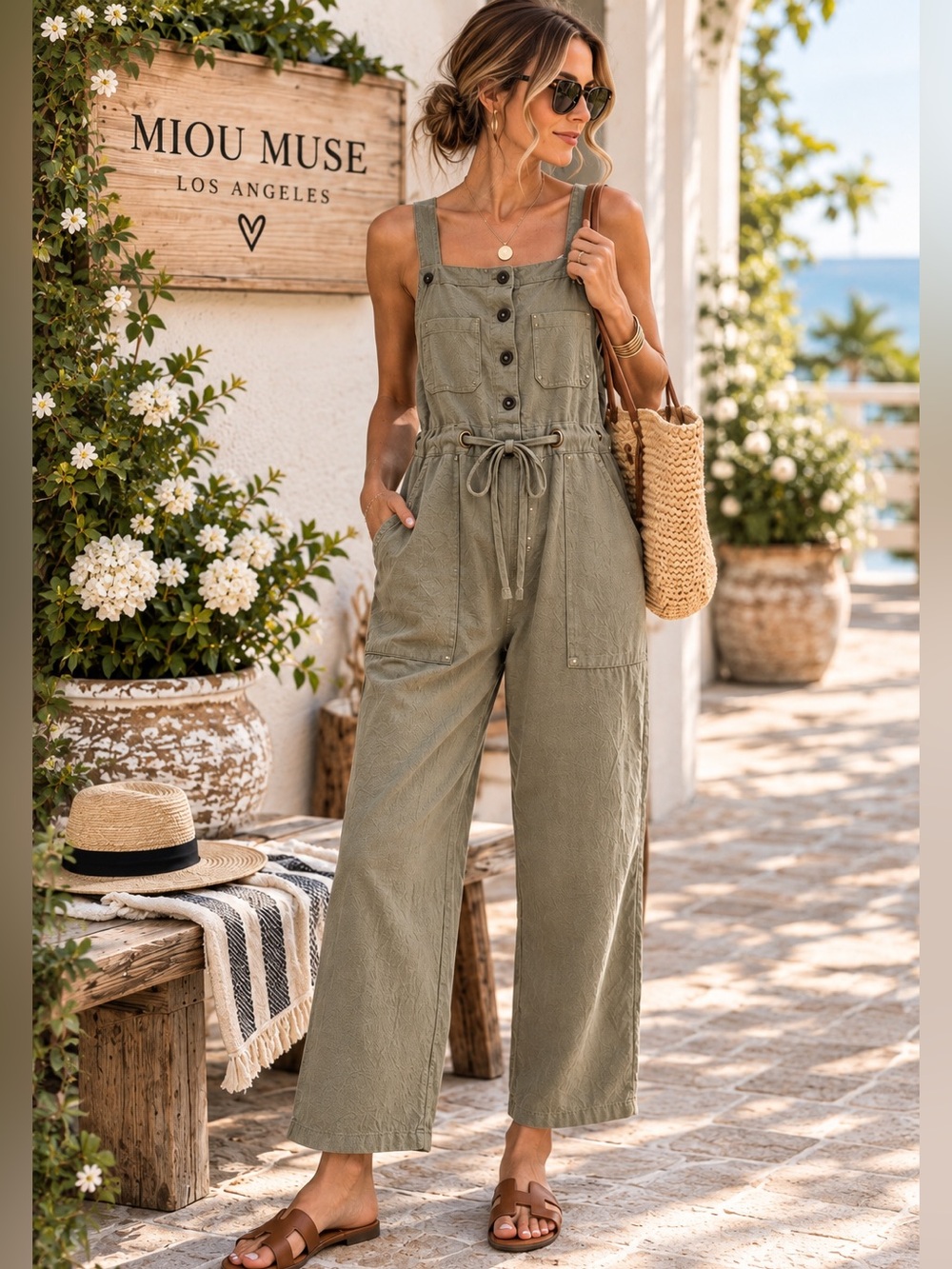 Miou Muse Dolly Overalls Boho Utility Drawstring Pocket Jumpsuit Olive Size S